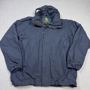 Aigle Jacket Mens Large Blue Rain Coat Hooded Lined Insulated Nylon Mid-Length